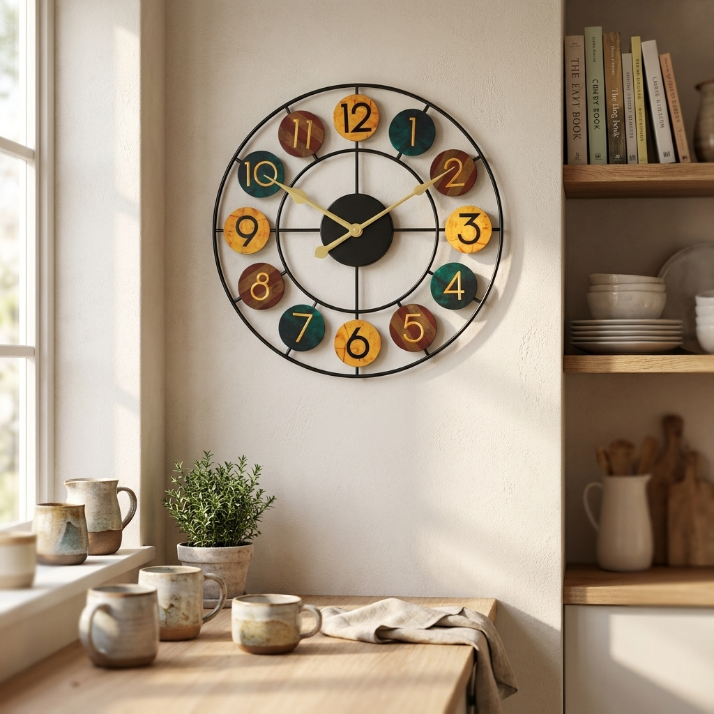 Kleurrijke retro wandklok in keuken