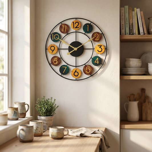 Kleurrijke retro wandklok in keuken