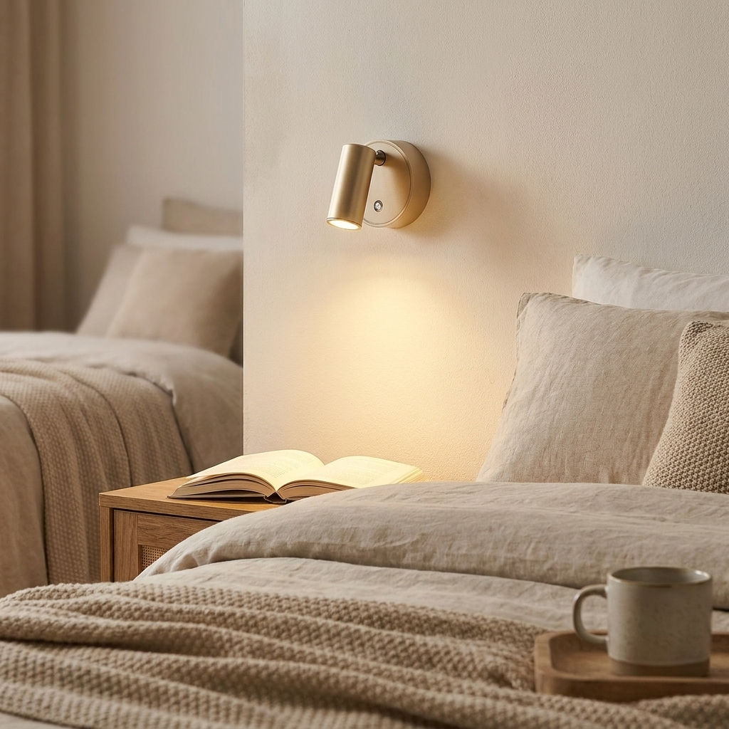 Magnetische wandlamp naast bed