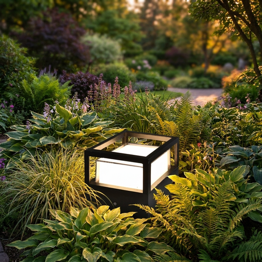 Aluminium tuinlamp in border bij schemering