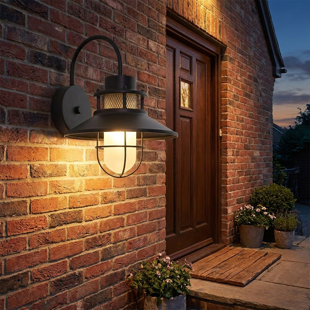 Industriele buitenlamp met glas op gevel