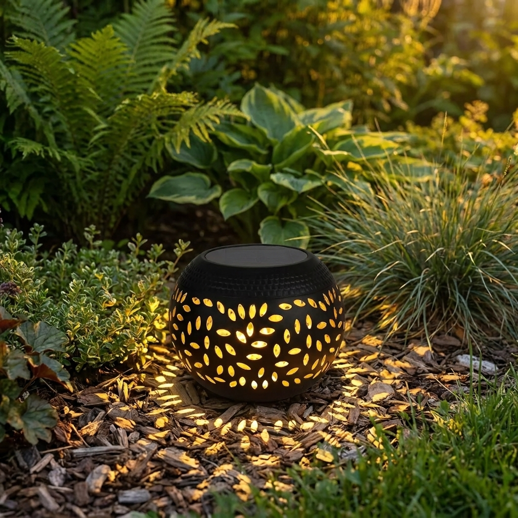 Decoratieve solar tuinlamp in border
