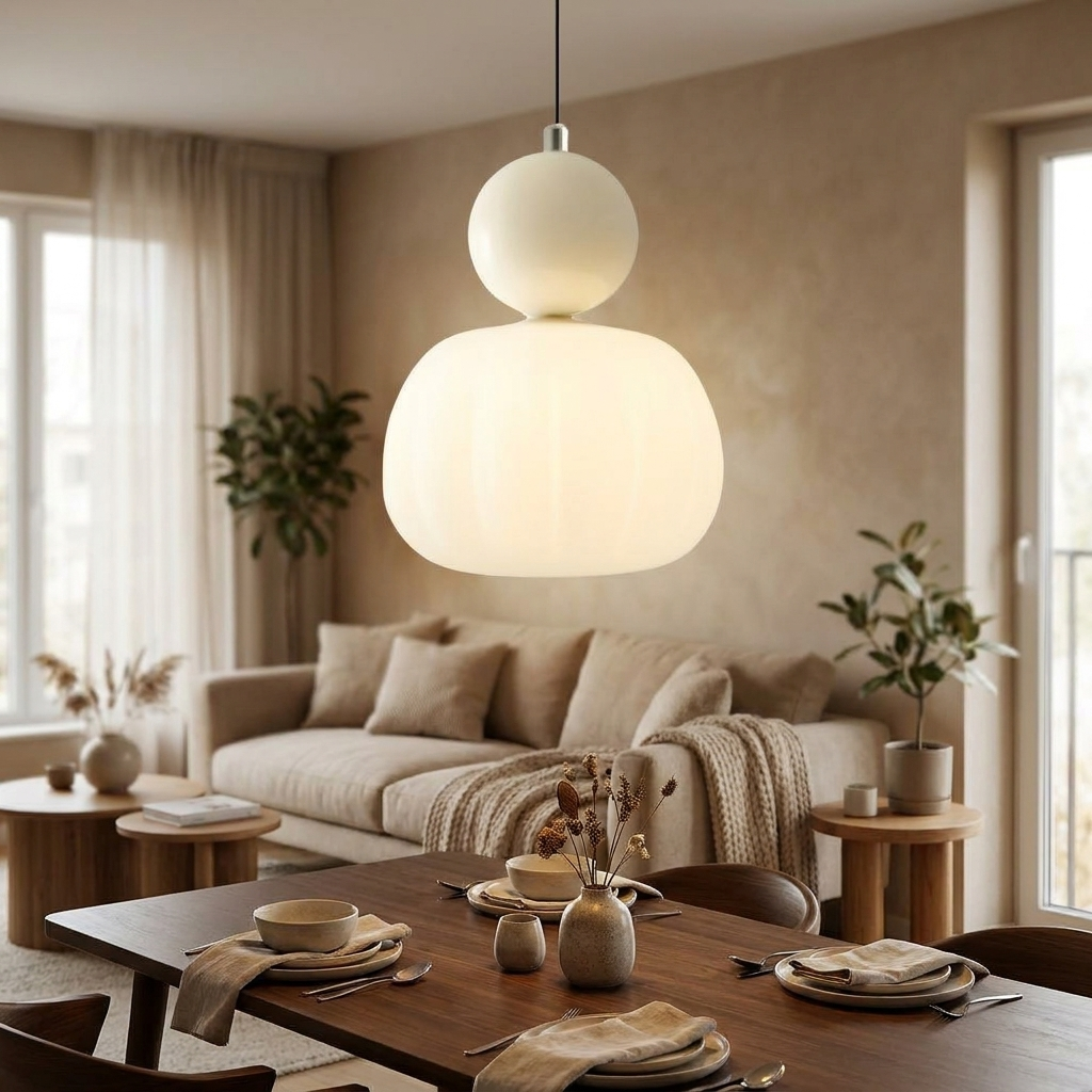 Nordic pompoen hanglamp boven eettafel