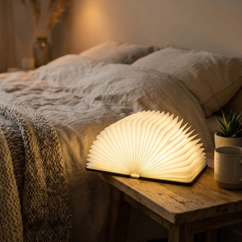 Opvouwbare boeklamp op nachtkastje