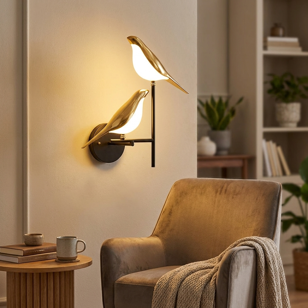 Gouden vogel wandlamp in interieur