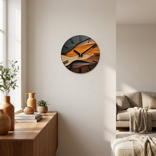 Ronde houtlook wandklok in woonkamer