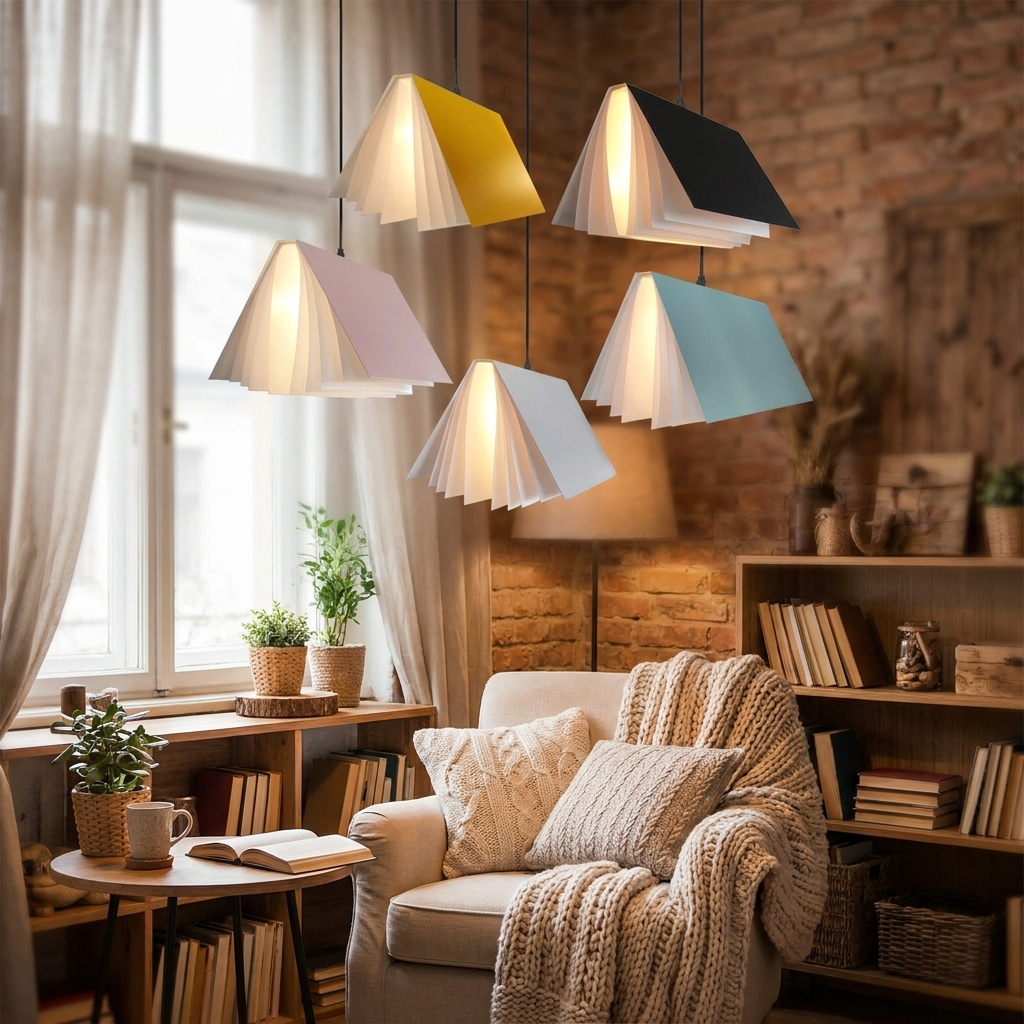 Vliegend boek hanglamp in leeshoek