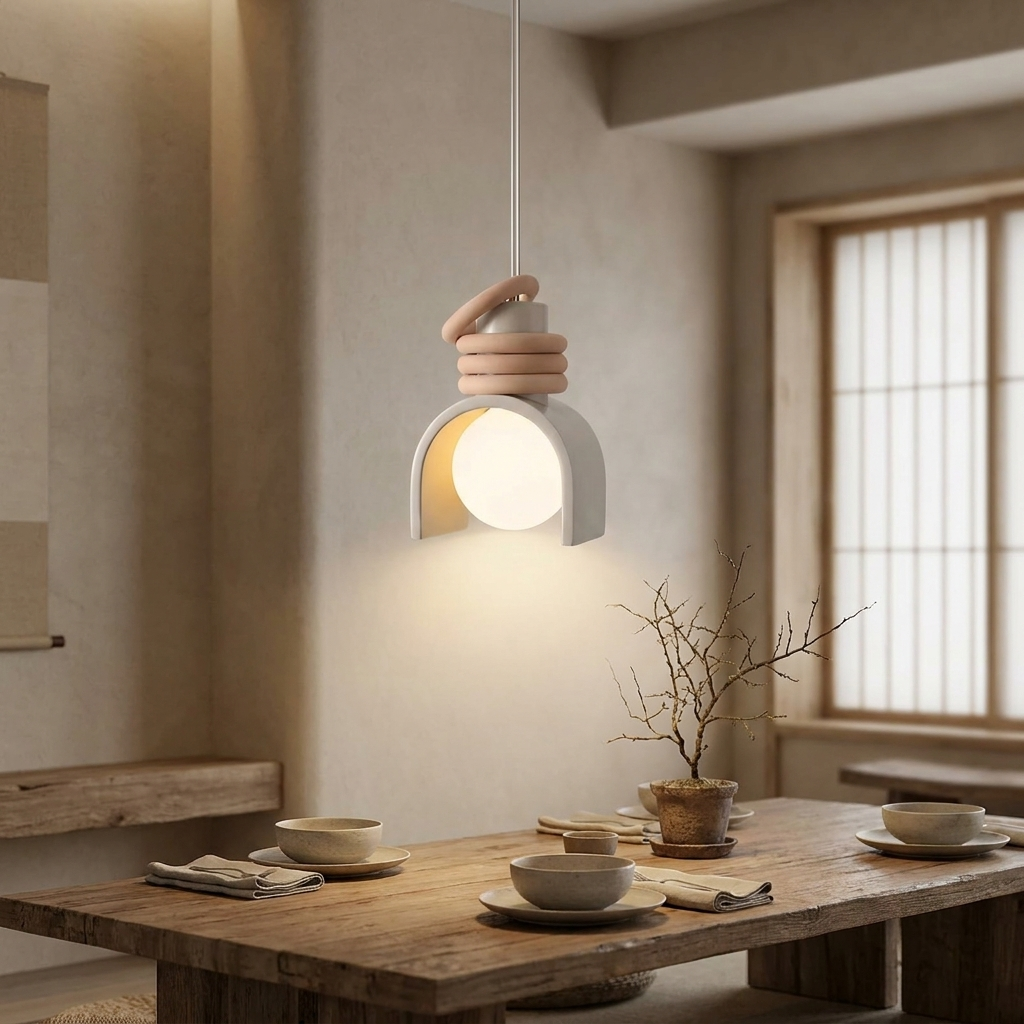 Wabi-sabi hanglamp boven eettafel