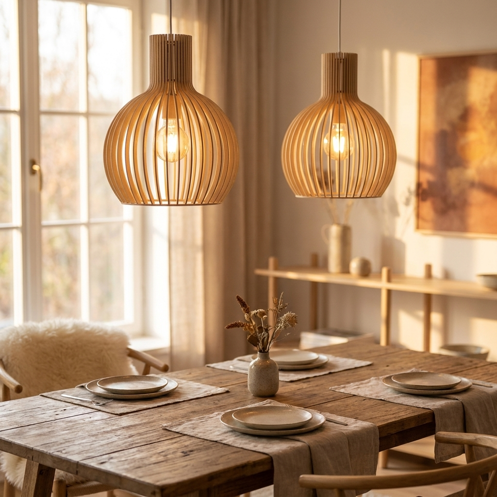 Handgemaakte houten hanglamp boven eettafel