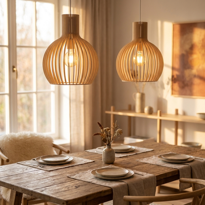Handgemaakte houten hanglamp boven eettafel