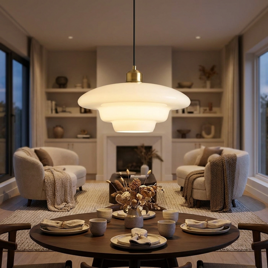 Witte glazen hanglamp boven eettafel