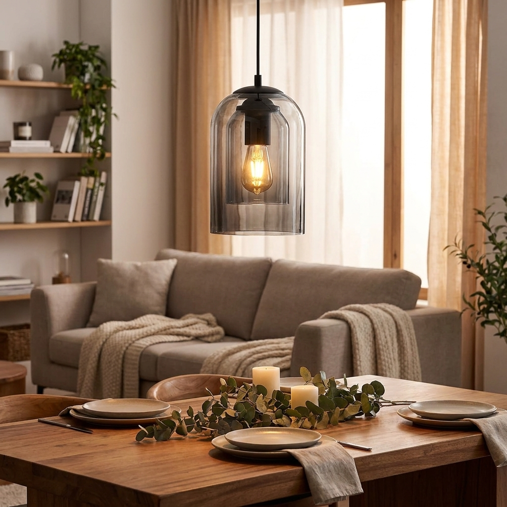 Nordic glazen hanglamp boven eettafel