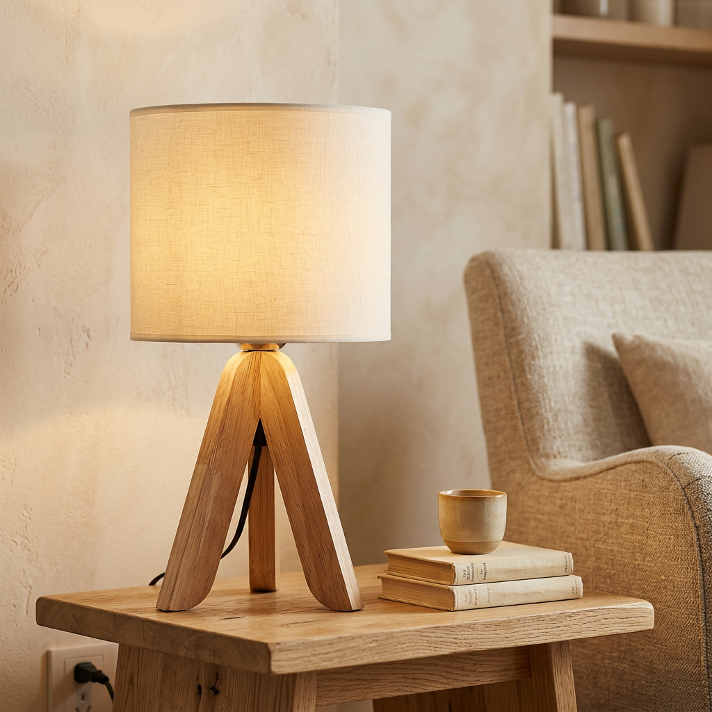Houten driepoot tafellamp in woonkamer