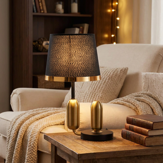 Zwart-gouden vintage tafellamp in woonkamer