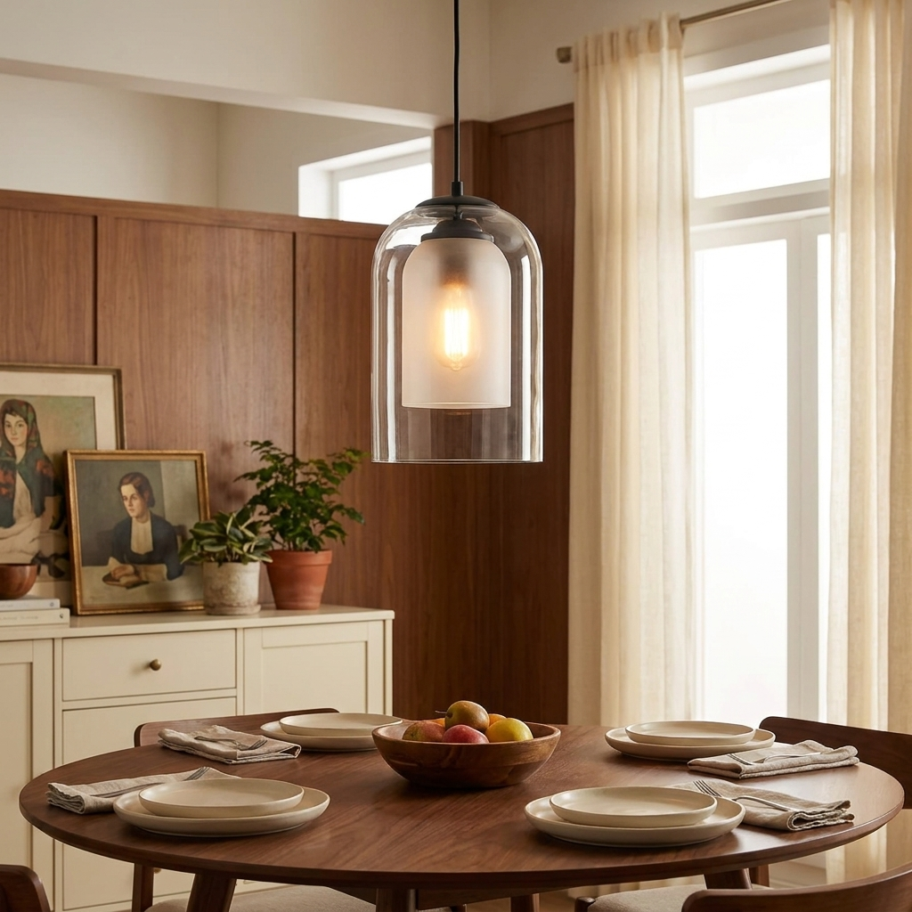 Mid-century dubbel glas hanglamp boven eettafel