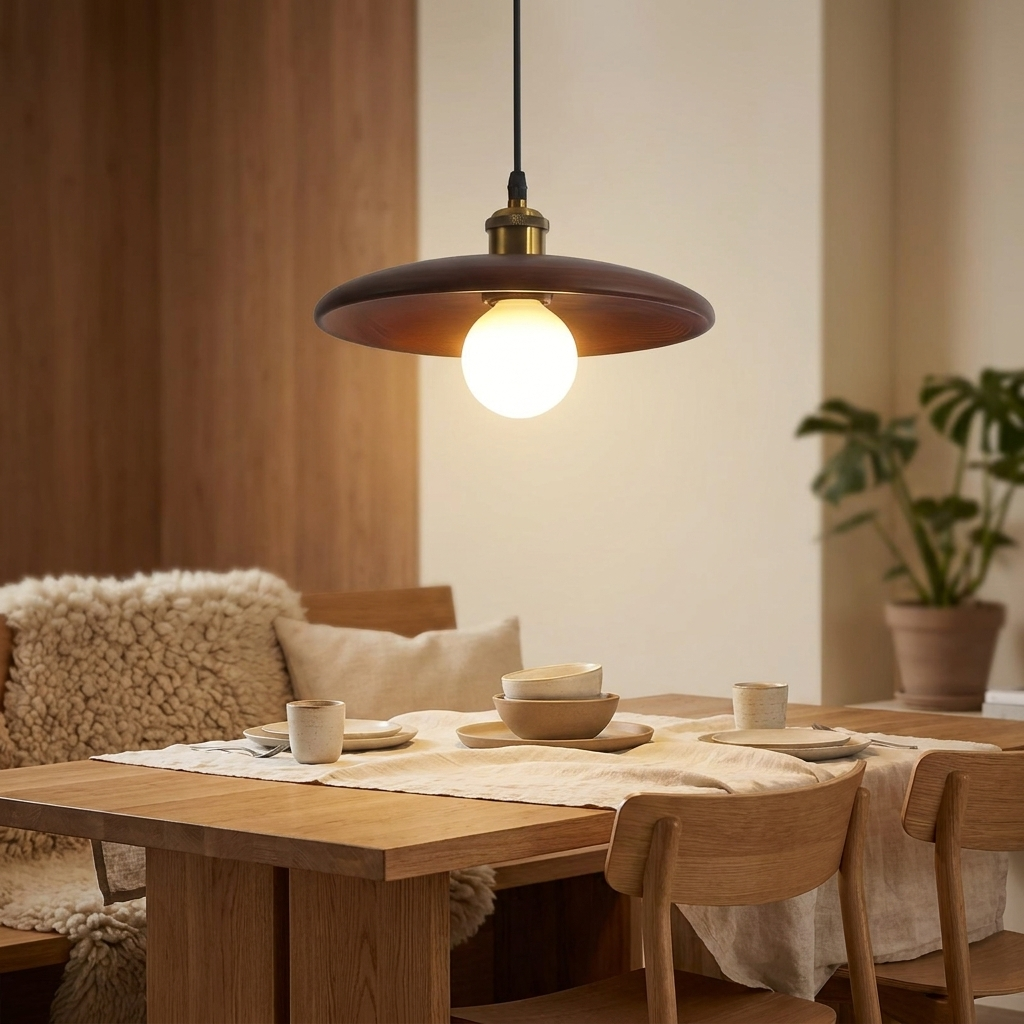 Massief houten hanglamp boven eettafel