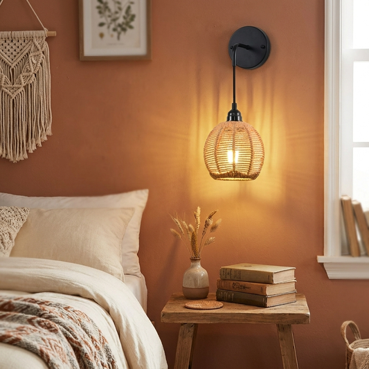 Boho rotan wandlamp in slaapkamer