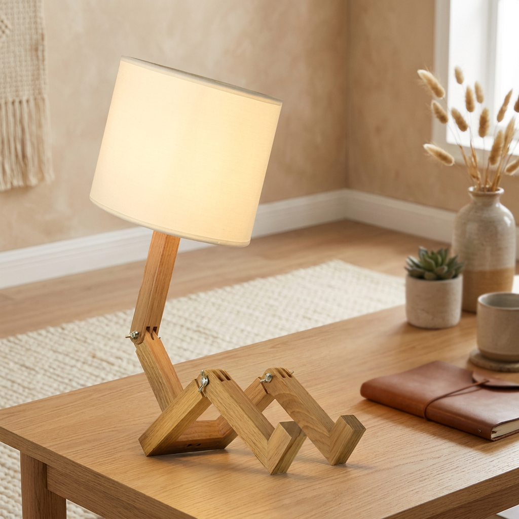 Buigbare houten tafellamp op bureau
