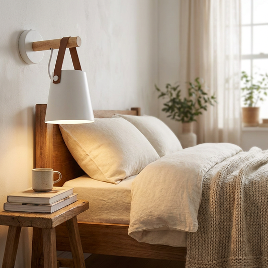 Hout en leer wandlamp naast bed