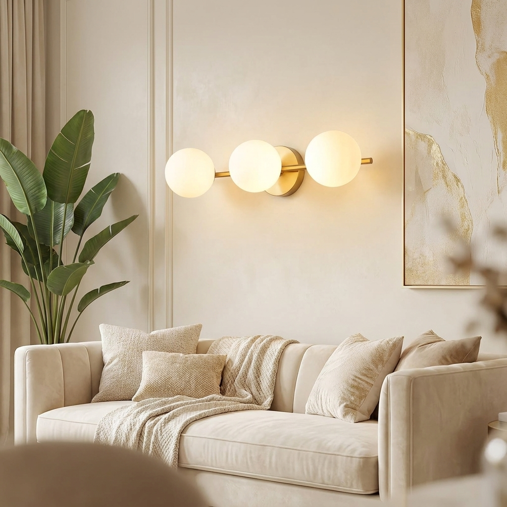 Wandlamp met drie glazen bollen in woonkamer