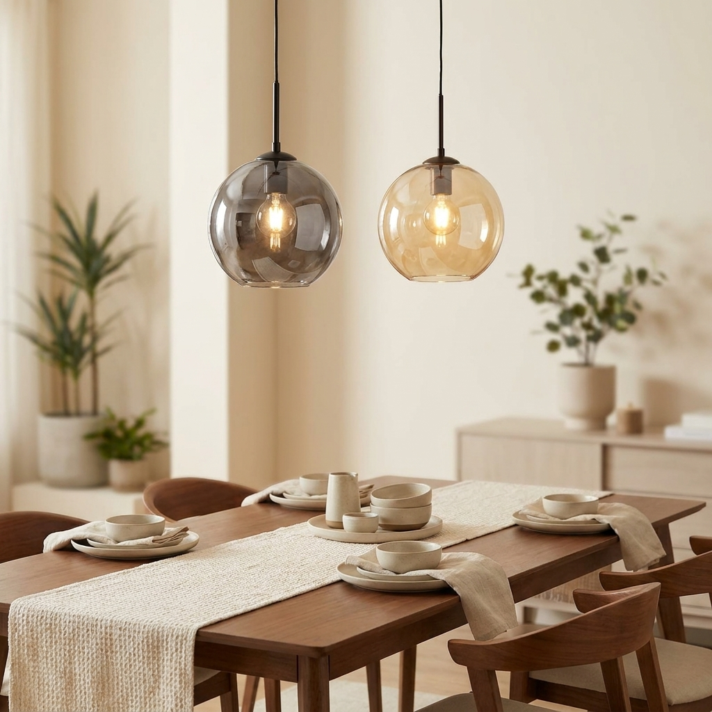 Glazen bol hanglamp rookglas boven eettafel