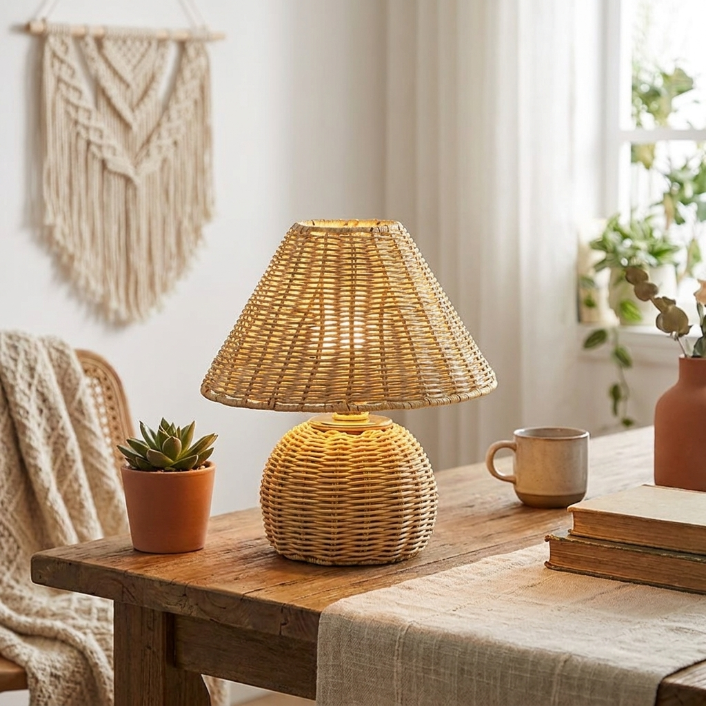 Bamboe gevlochten bureaulamp op bureau