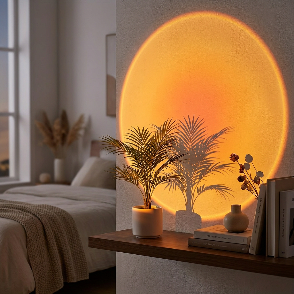 Sunset lamp met zonsondergang-projectie in slaapkamer