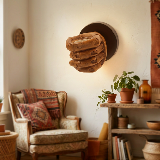 Hand-vormige industriële wandlamp in woonkamer