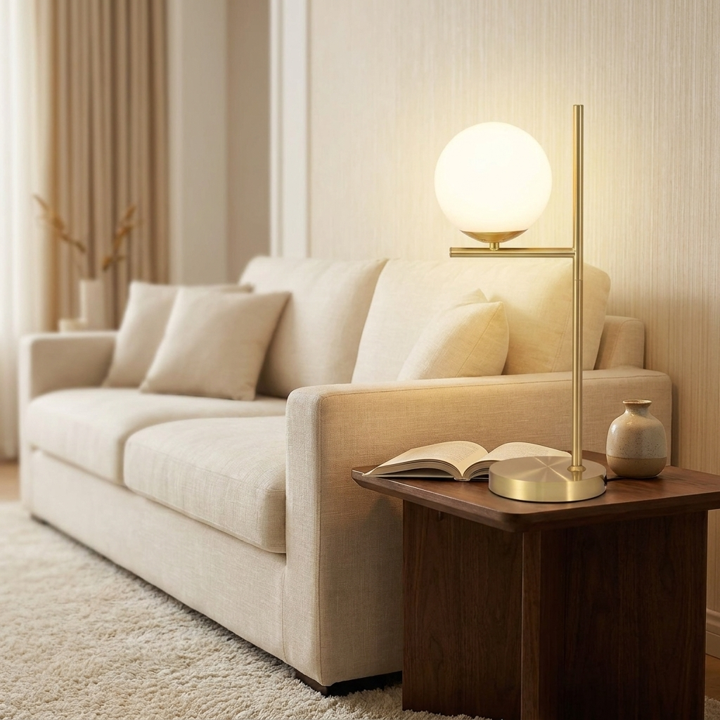 Gouden tafellamp met witte glasbol in woonkamer