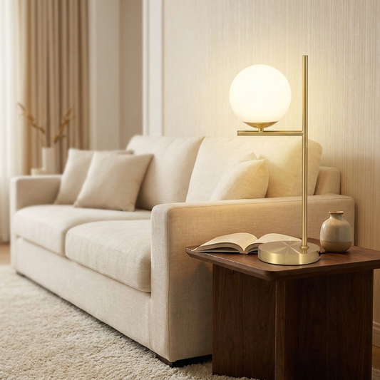 Gouden tafellamp met witte glasbol in woonkamer