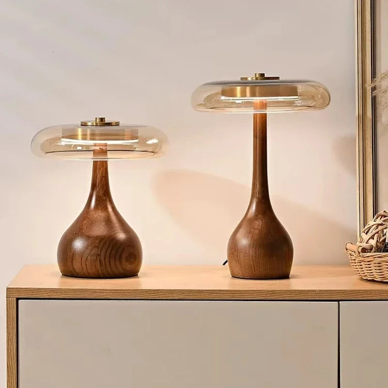 Tafellamp Andi Glas – Moderne Messing & Houten Sfeerlamp voor Woonkamer