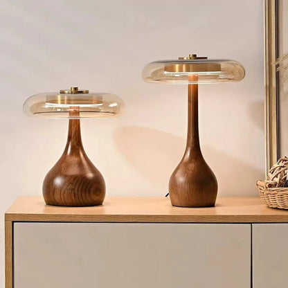 Tafellamp Andi Glas – Moderne Messing & Houten Sfeerlamp voor Woonkamer