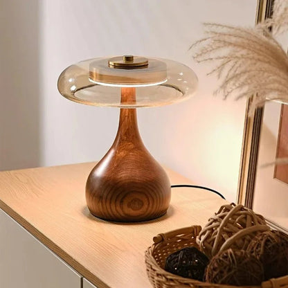Tafellamp Andi Glas – Moderne Messing & Houten Sfeerlamp voor Woonkamer