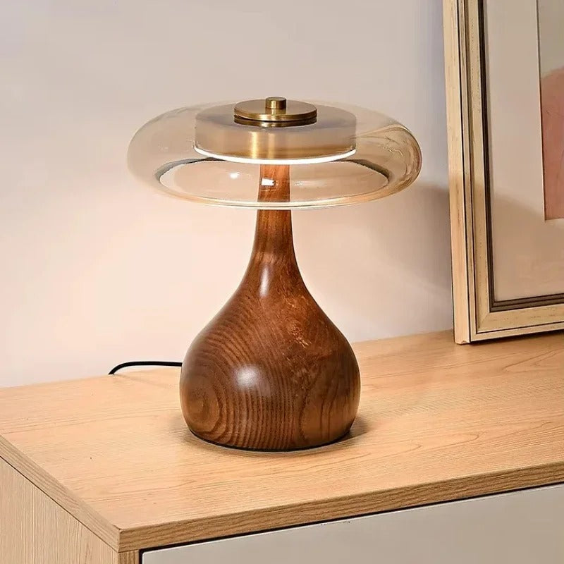 Tafellamp Andi Glas – Moderne Messing & Houten Sfeerlamp voor Woonkamer